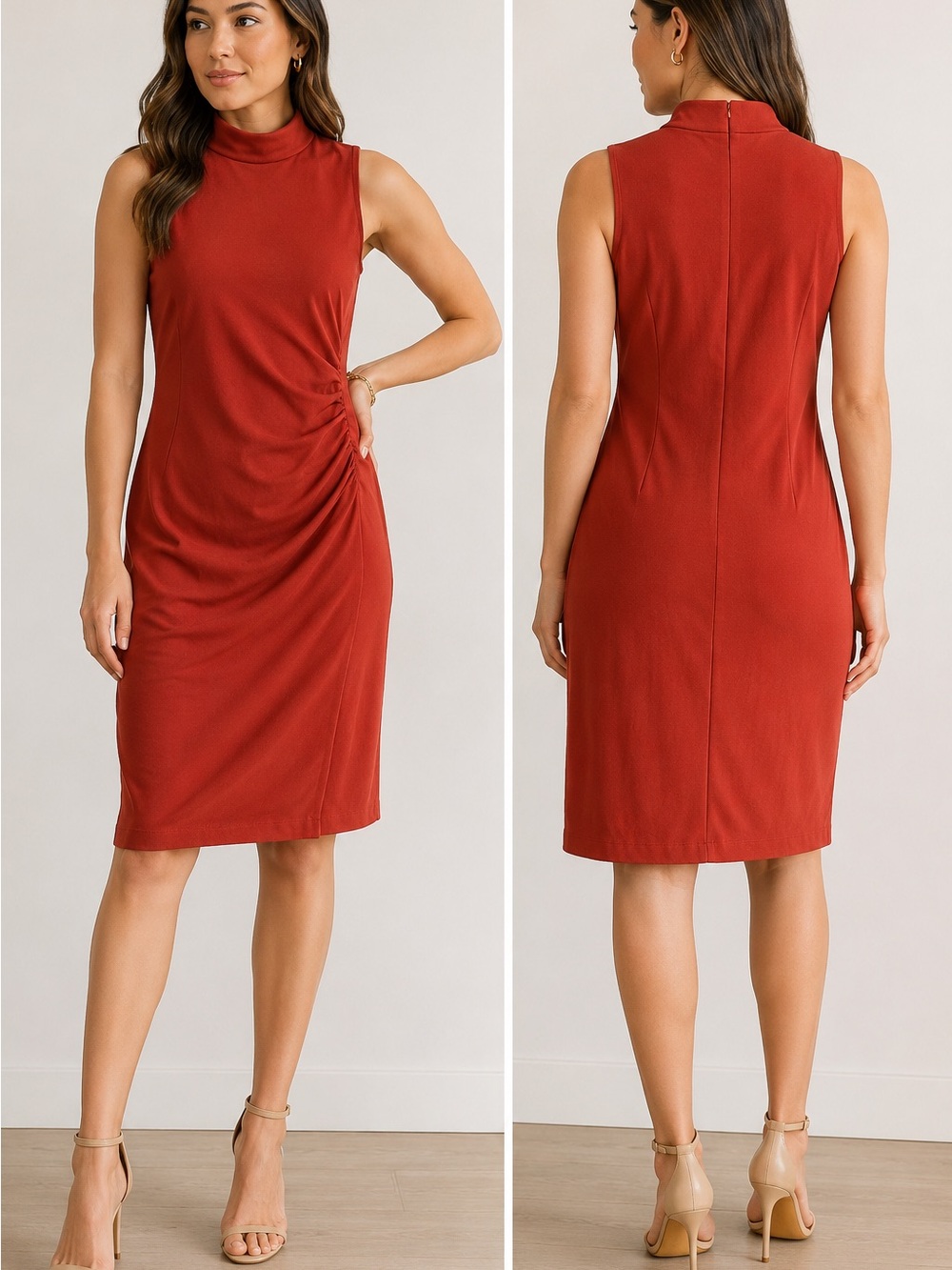 Chelsea28 Mock Neck Ruched Dress Medium Rust Red Sleeveless Sheath Career Party